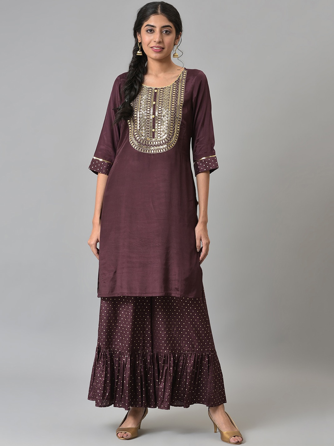 

Aurelia Women Brown Solid Viscose Kurta Set with Sharara