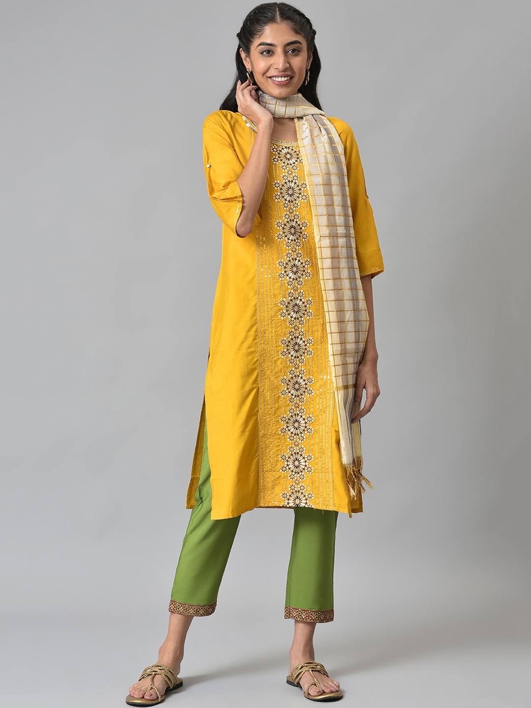 

AURELIA Women Mustard Yellow Floral Embroidered Kurta with Trousers & With Dupatta