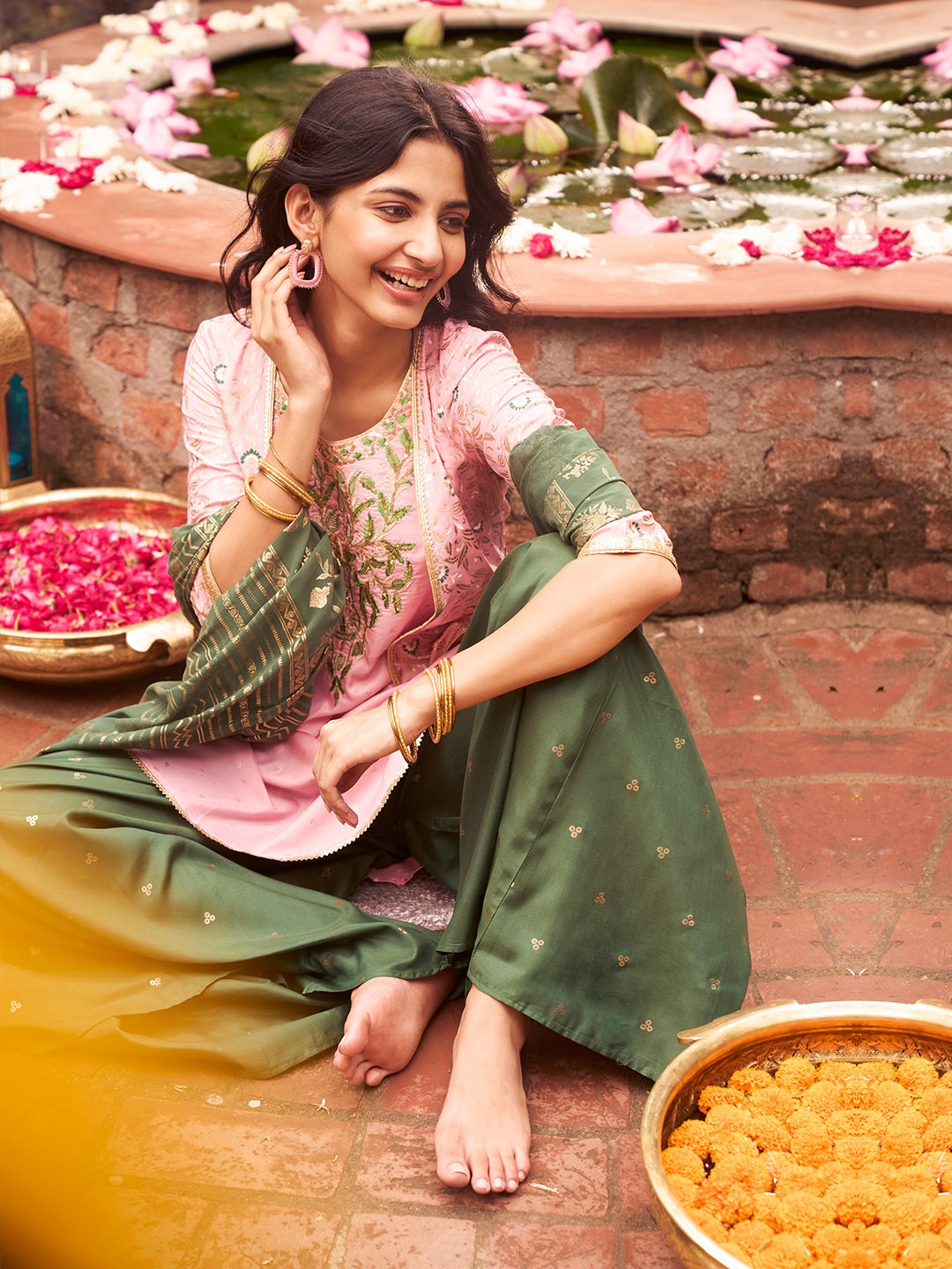 

AURELIA Women Pink Ethnic Motifs Embroidered Kurta with Sharara & With Dupatta
