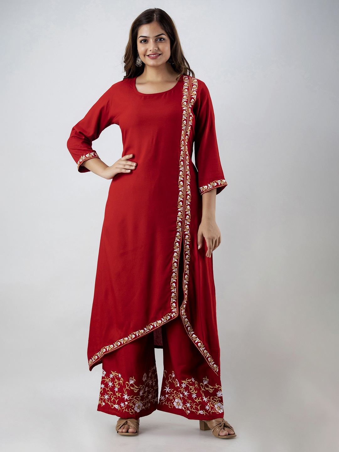 

KALINI Women Red High Slit Kurta Set