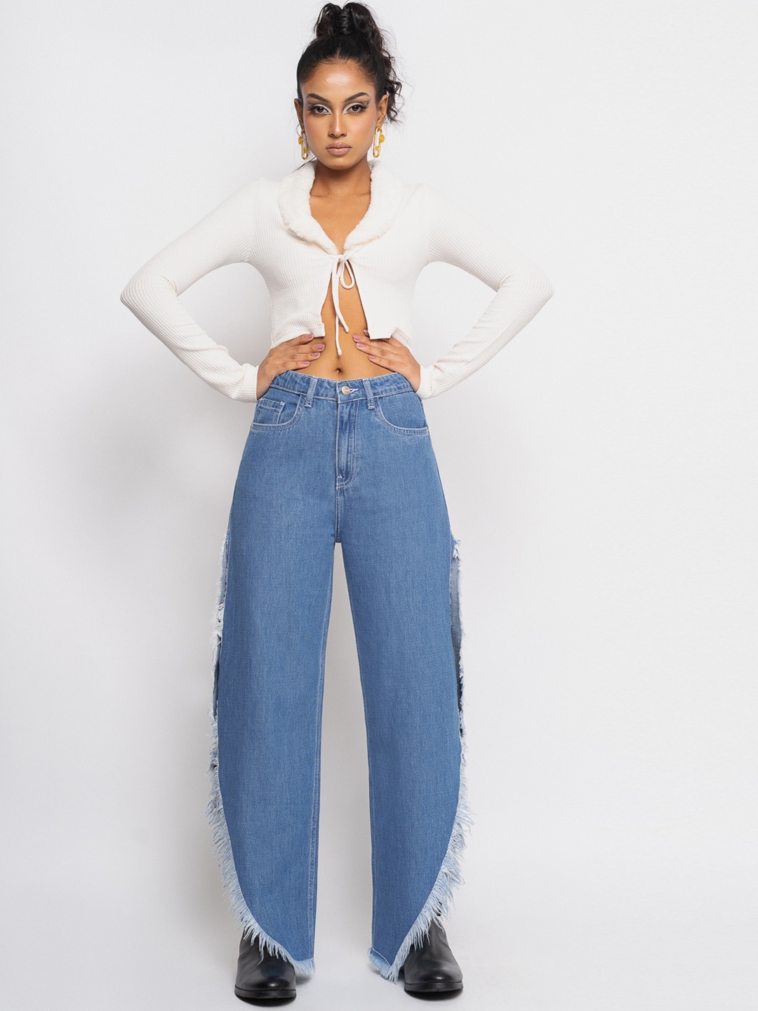 

FREAKINS Women Blue Flared High-Rise Low Distress Jeans