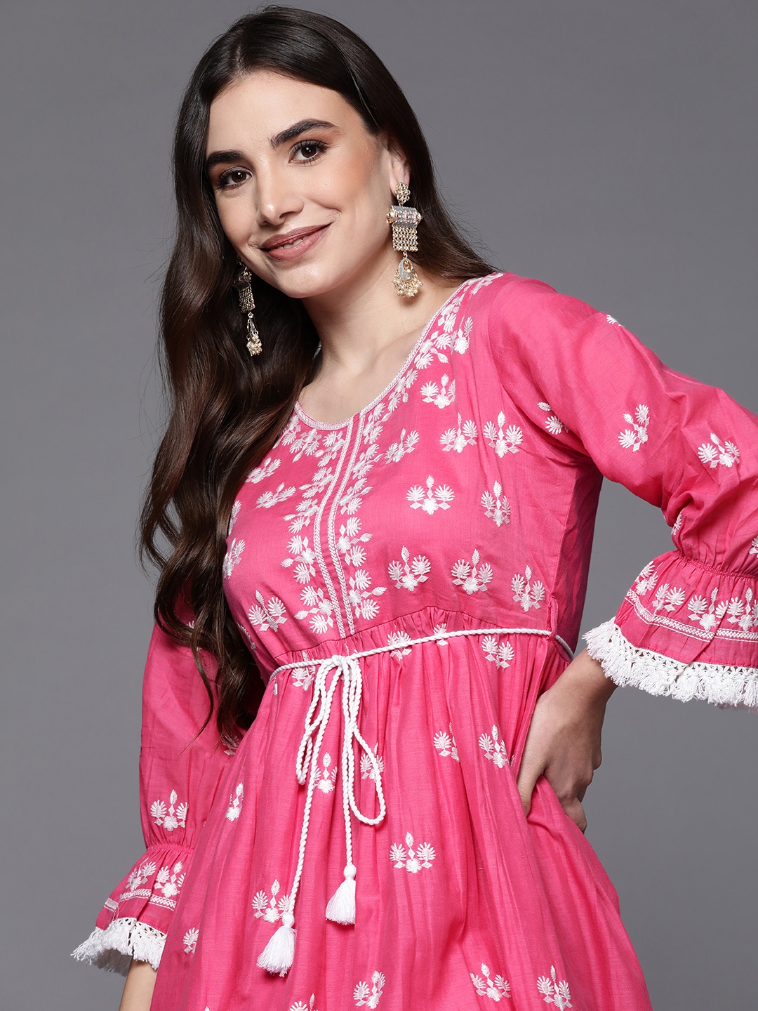 

Indo Era Pink Ethnic Motifs Embroidered Cotton Ethnic A-Line Dress