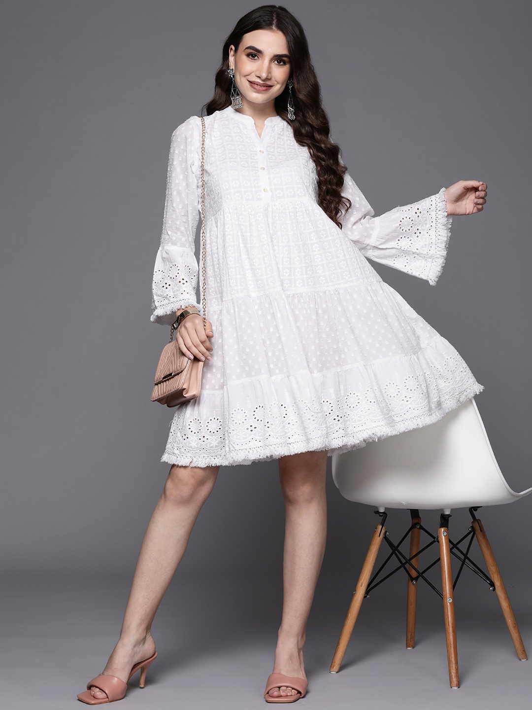 

Indo Era White Floral Embroidered Ethnic A-Line Dress