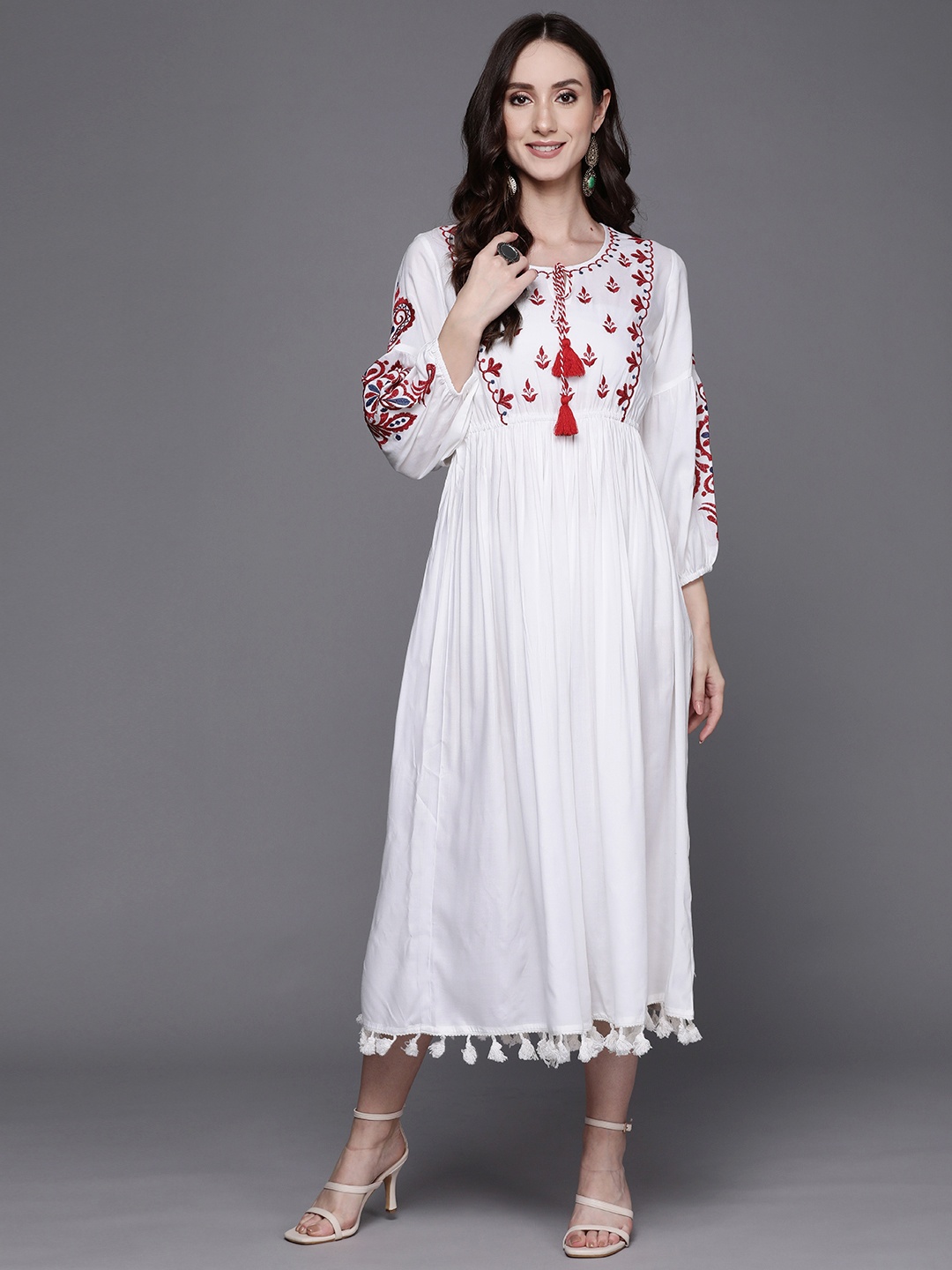 

Indo Era White Floral Embroidered Tie-Up Neck Ethnic Cotton A-Line Midi Dress