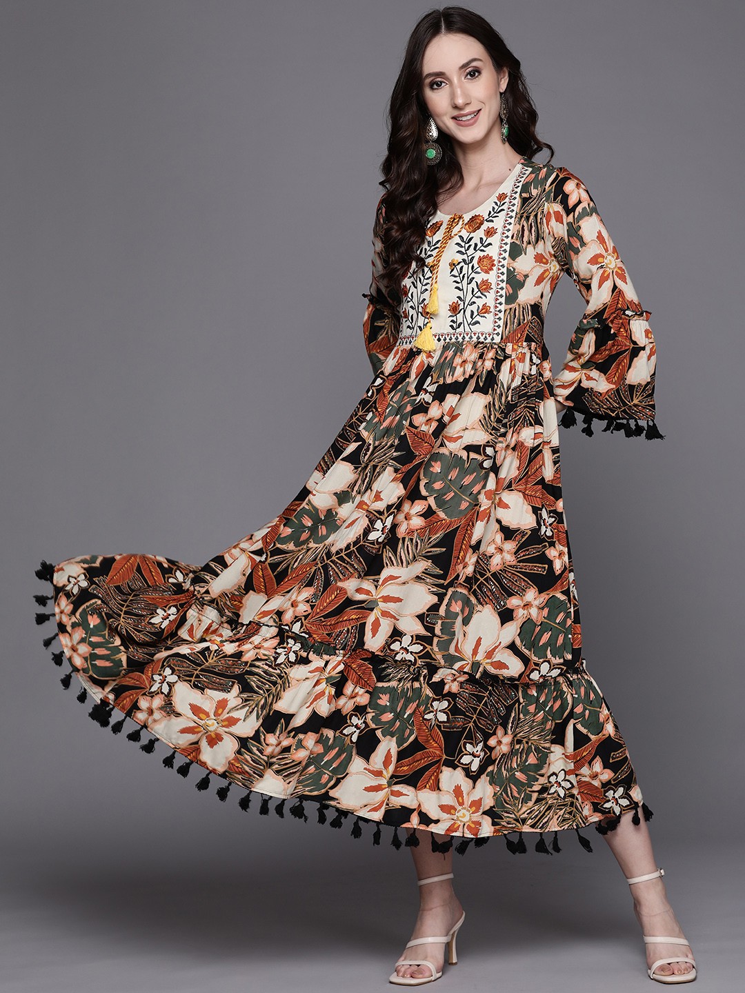 

Indo Era Floral Embroidered Tie-Up Neck Ethnic A-Line Midi Dress, Black