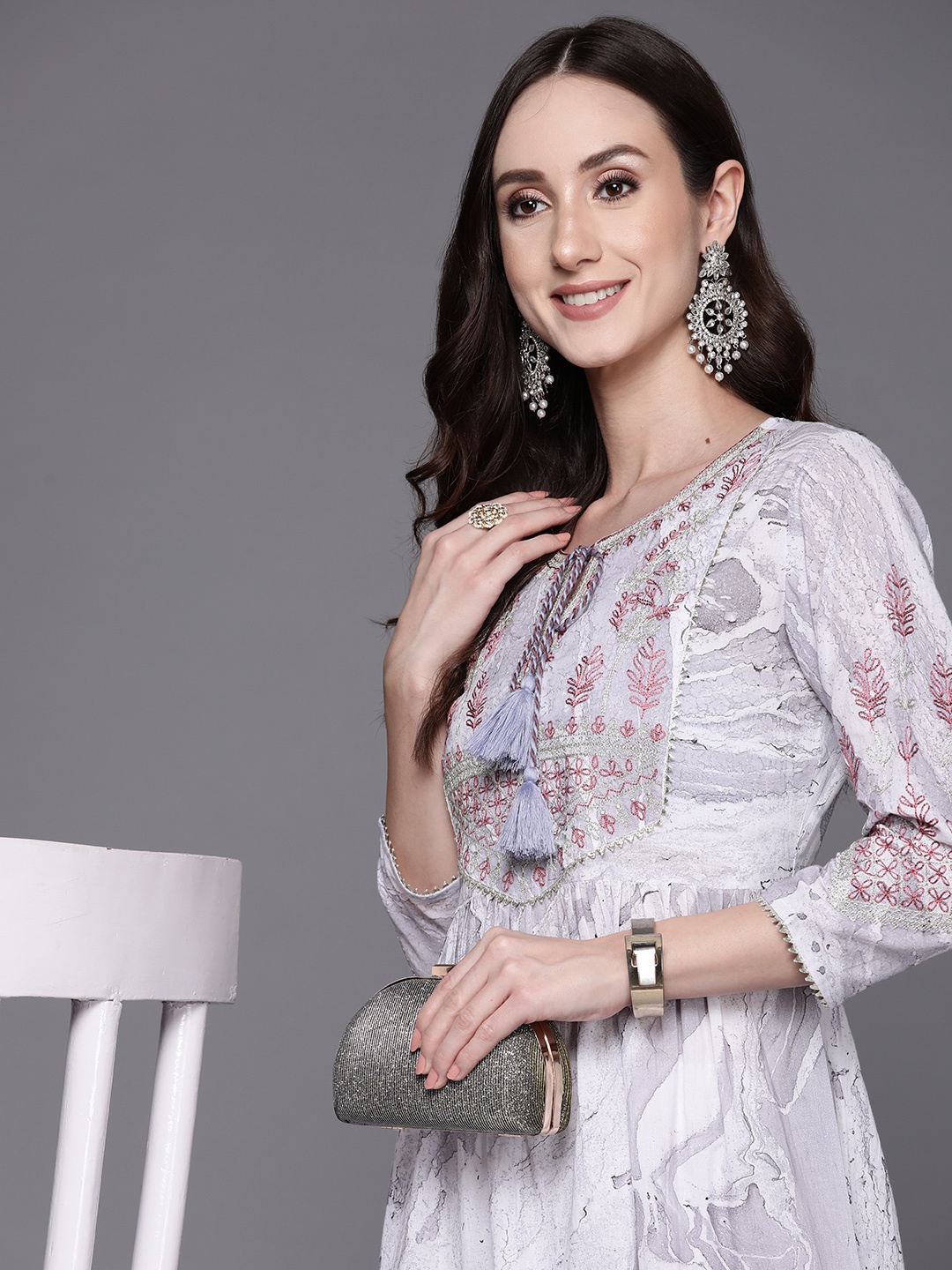 

Indo Era Grey Floral Embroidered Tie-Up Neck Ethnic Cotton A-Line Midi Dress