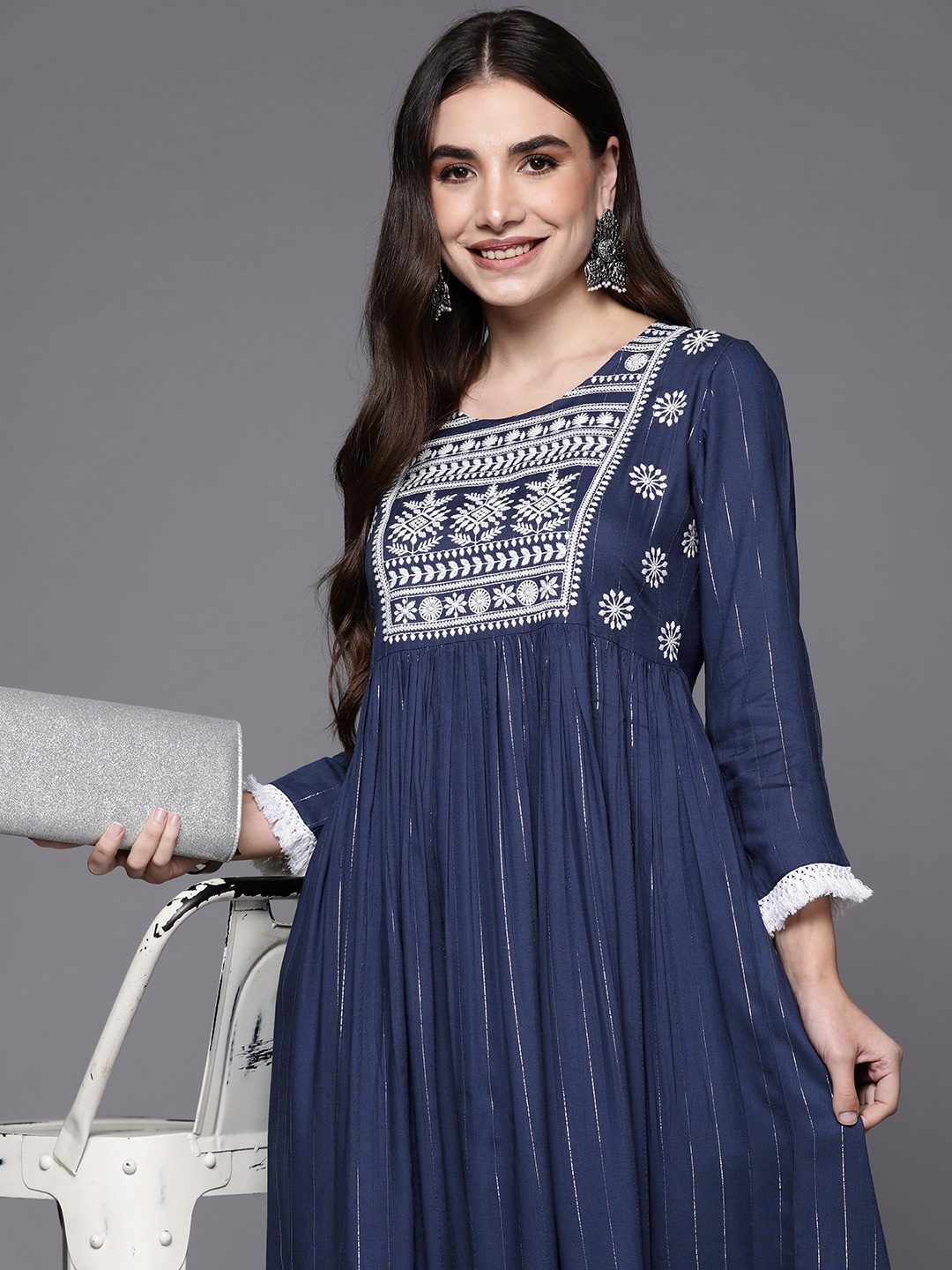 

Indo Era Blue Ethnic Motifs Embroidered Ethnic A-Line Midi Ethnic Dress