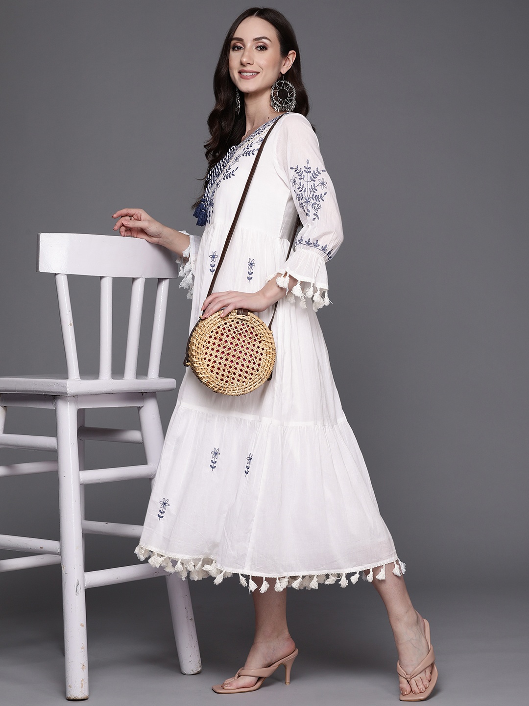 

Indo Era White & Navy Blue Floral Embroidered Tie-Up Neck Ethnic Cotton A-Line Midi Dress