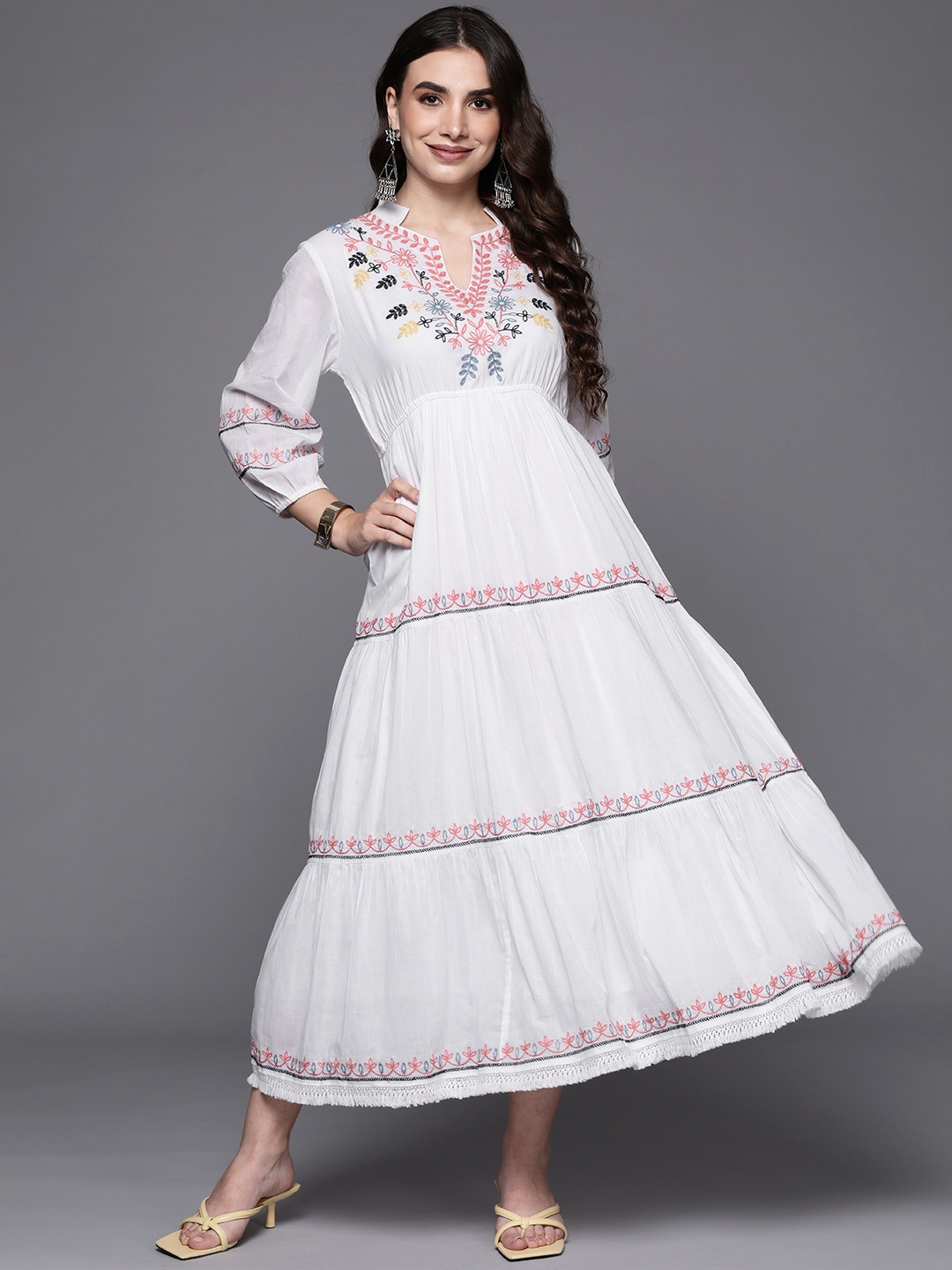 

Indo Era White Floral Embroidered Ethnic A-Line Ethnic Dress