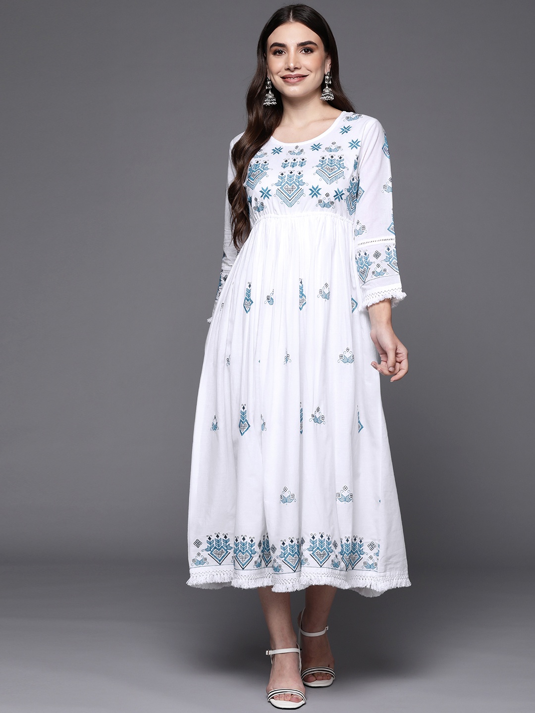 

Indo Era White Ethnic Motifs Embroidered Ethnic A-Line Midi Dress
