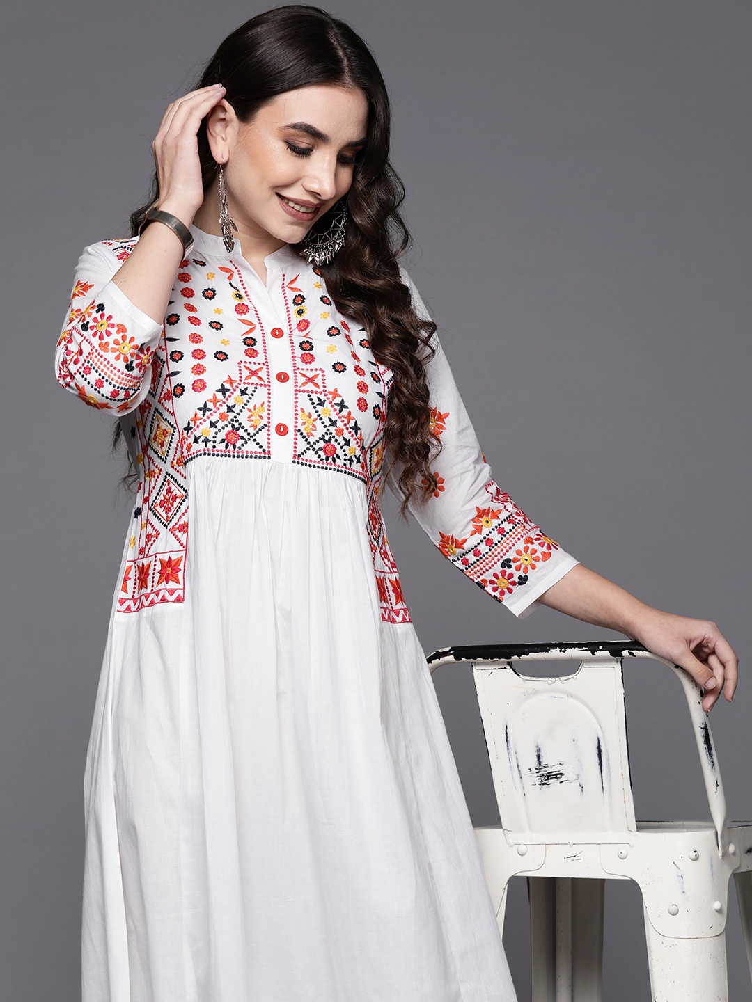 

Indo Era White & Red Floral Embroidered Ethnic A-Line Midi Dress