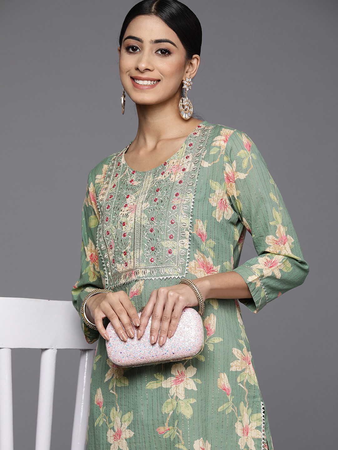 

Indo Era Women Green Floral Print Gotta Patti Pure Cotton Kurta with Trousers
