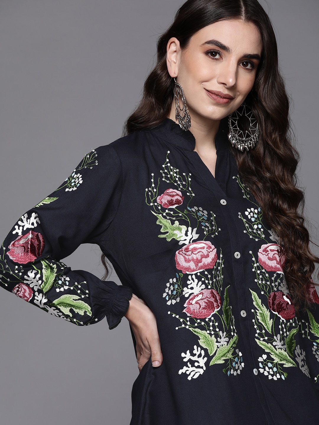 

Indo Era Navy Blue & Green Floral Embroidered Ethnic A-Line Dress