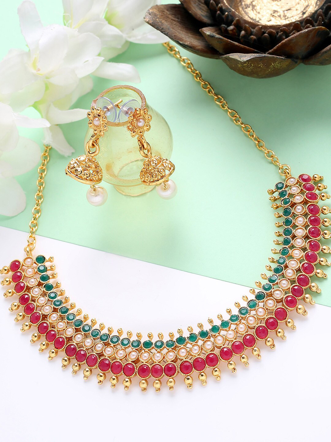 

MAD CLUB Gold-Plated Red & Green Stone-Studded & Beaded Jewellery Set