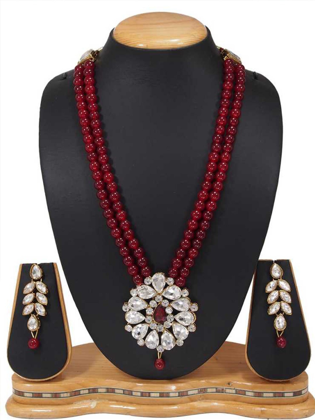 

MAD CLUB Gold-Plated Maroon red Stone-Studded & Beaded Jewellery Set