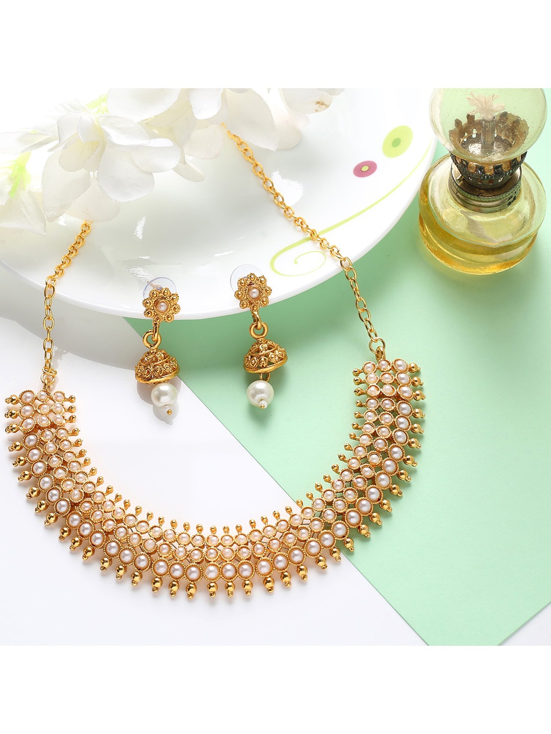 

MAD CLUB Gold-Plated White Stone-Studded & Pearl Beaded Jewellery Set
