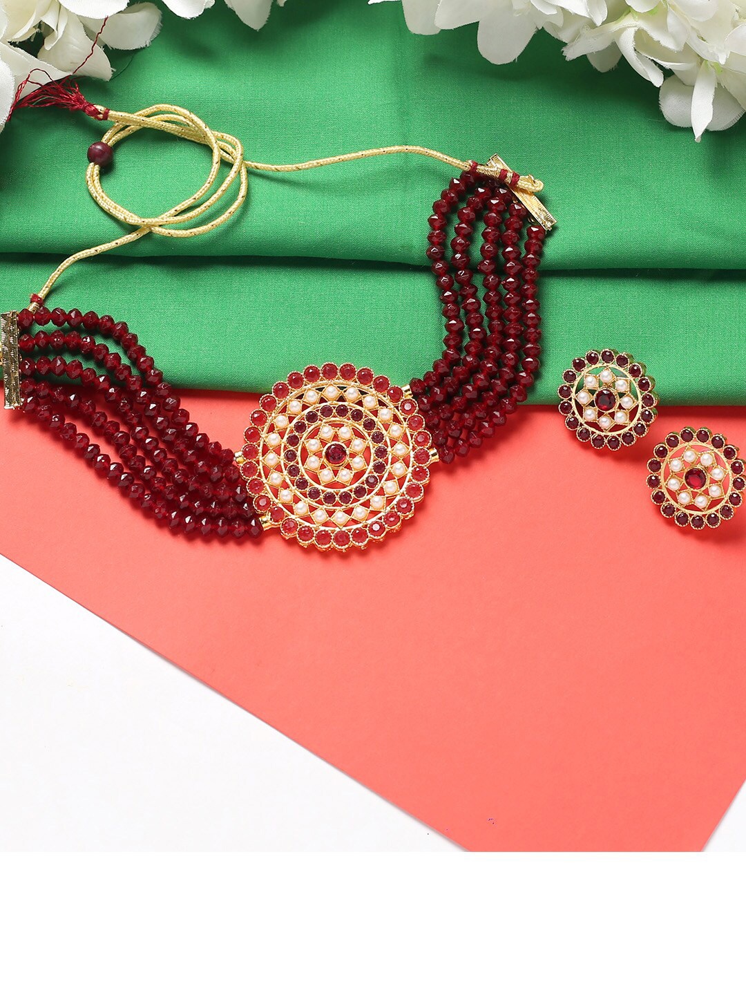 

MAD CLUB Gold-Plated Maroon Red Kundan-Studded & Beaded Jewellery Set