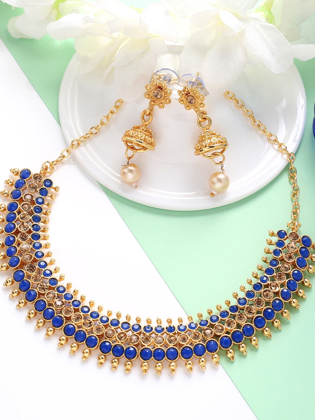 

MAD CLUB Gold-Plated Blue Stone-Studded & Beaded Jewellery Set