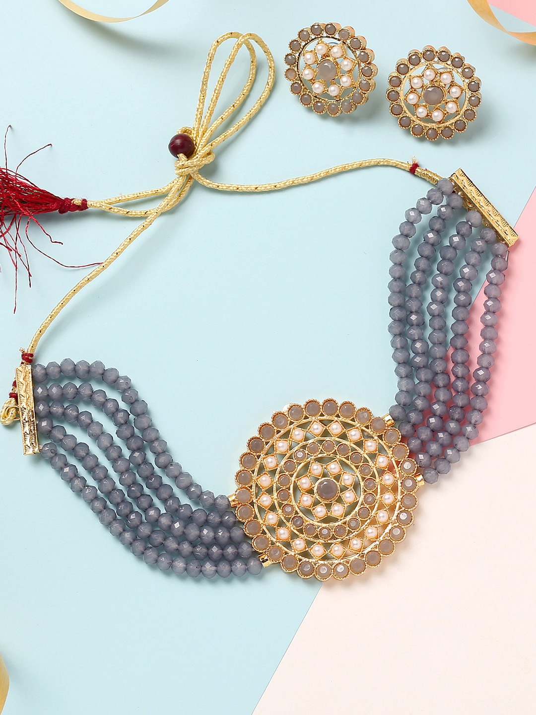 

MAD CLUB Gold-Plated Grey Pearl Diamond Kundan Studded Choker Jewellery Set