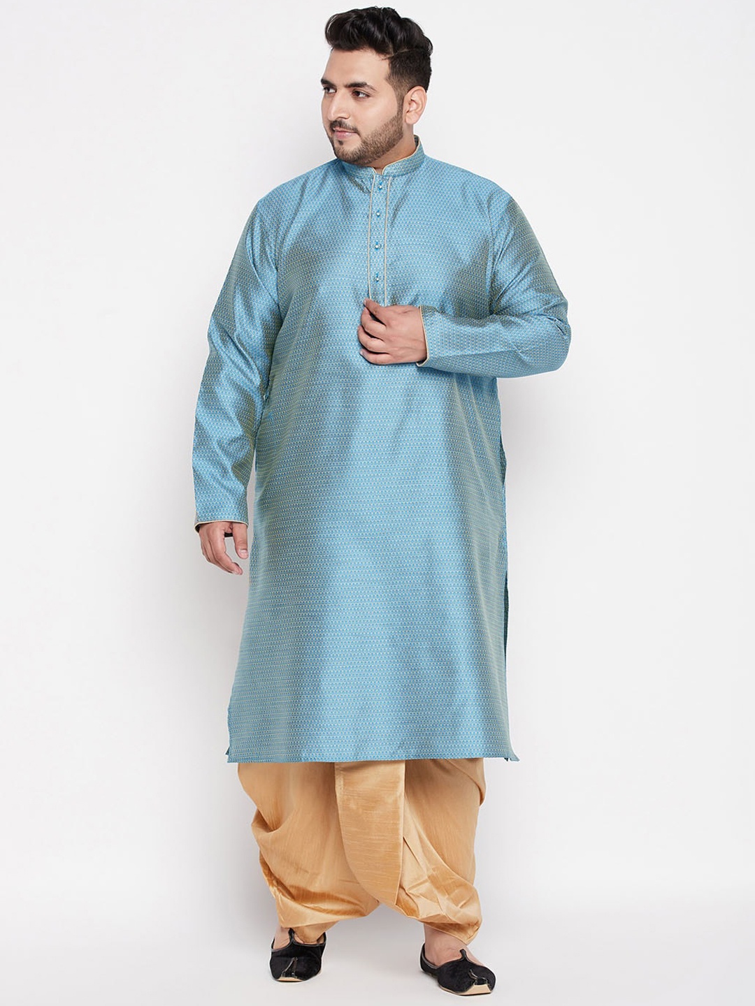

VASTRAMAY Men Blue Embroidered Pleated Thread Work Kurta with Dhoti Pants