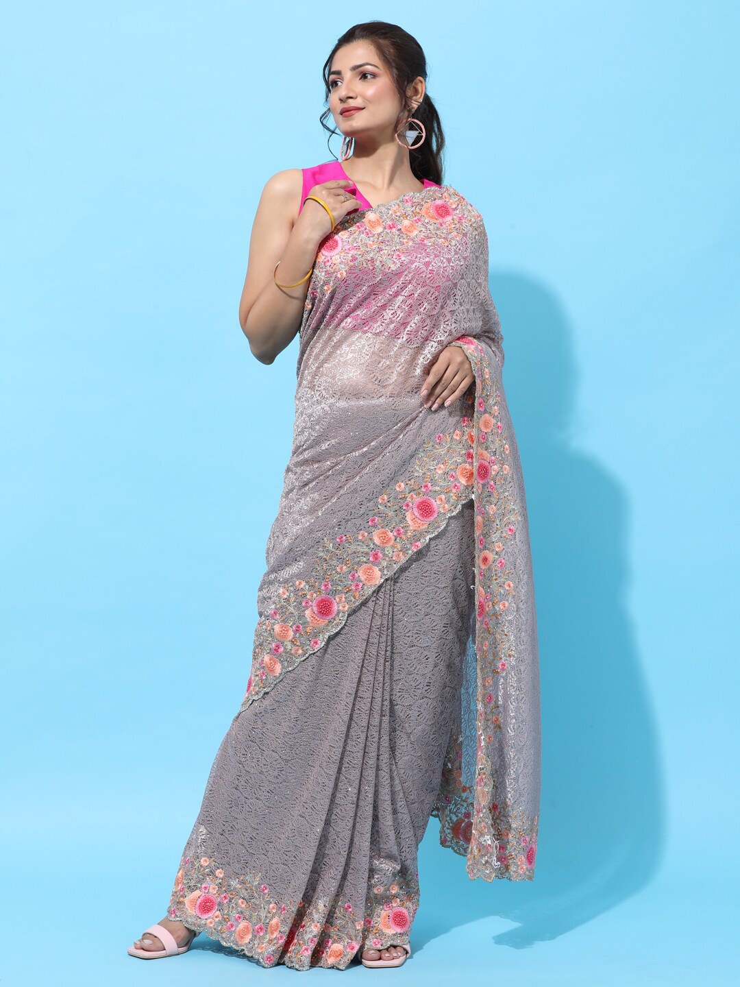 

kasee Lavender & Pink Floral Embroidered Net Heavy Work Saree