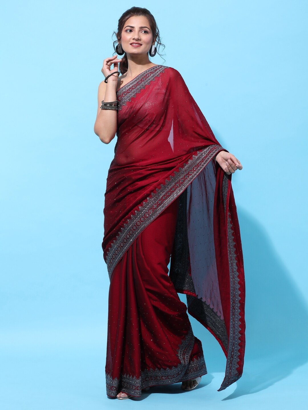 

kasee Maroon & Grey Embellished Sequinned Art Silk Heavy Work Saree