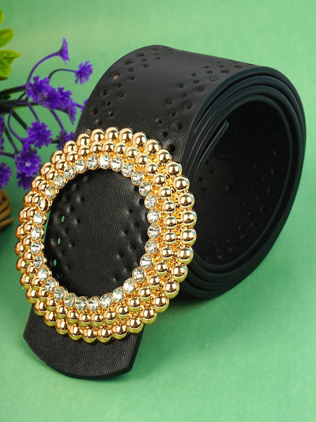 

Ferosh Women Gold Pearl Ring Belt, Black