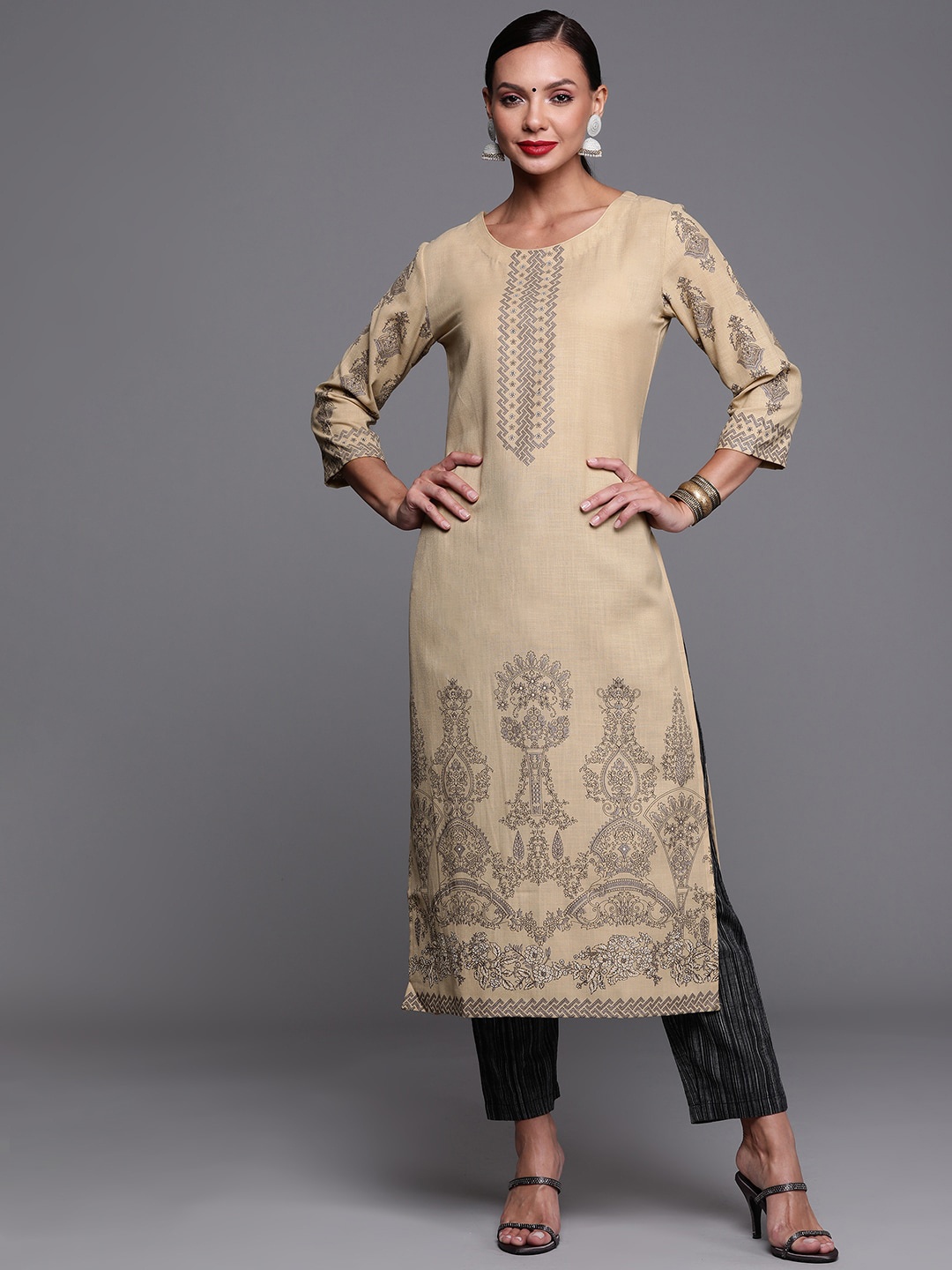 

Indo Era Women Beige Ethnic Motifs Printed Kurta