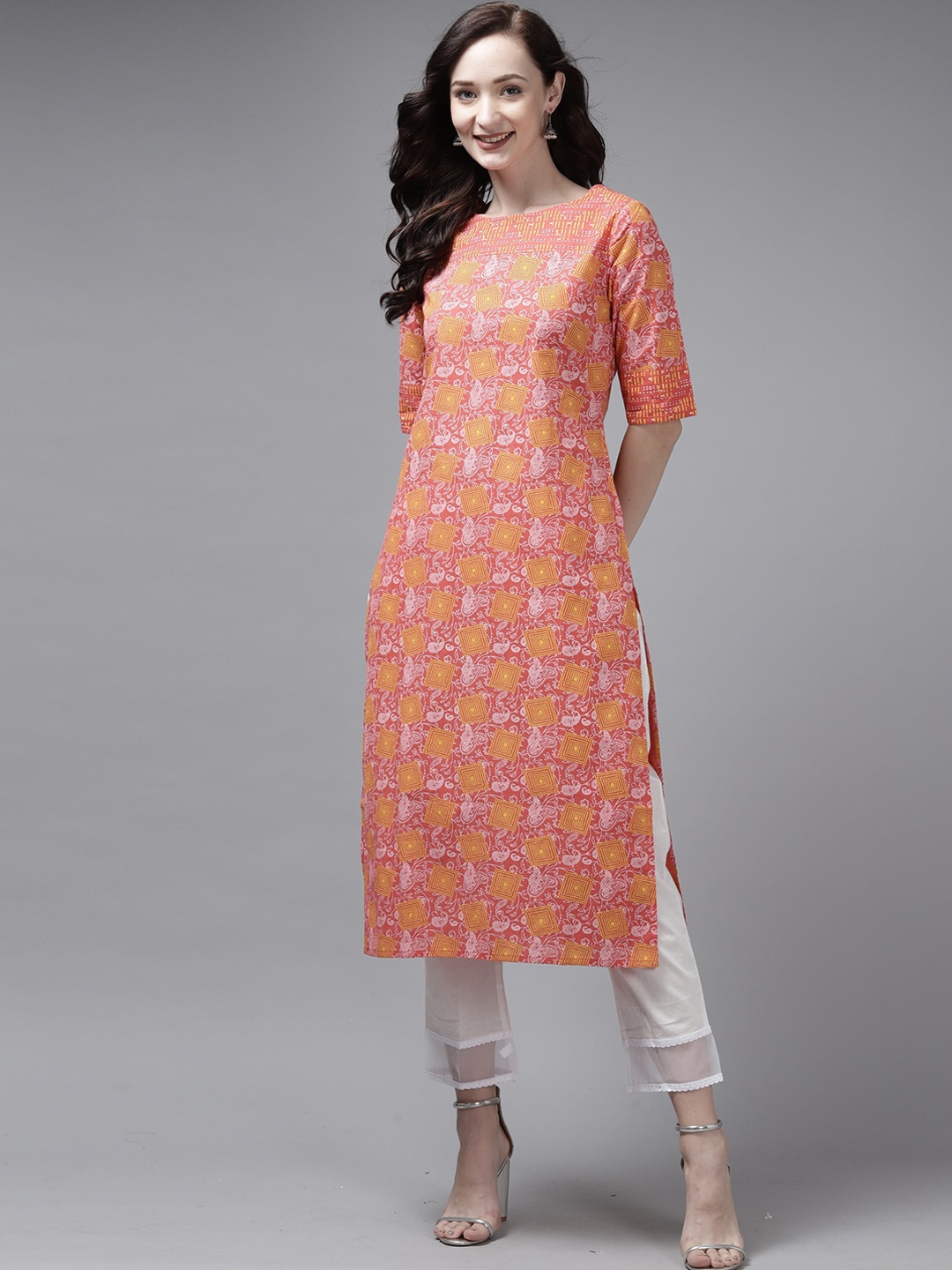 Indo Era Women Peach-Coloured & Yellow Floral Printed Kurta