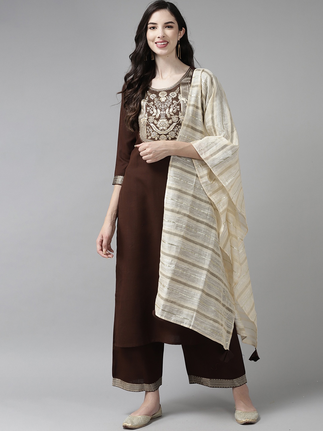 

Indo Era Women Brown Yoke Design Panelled Kurta Set