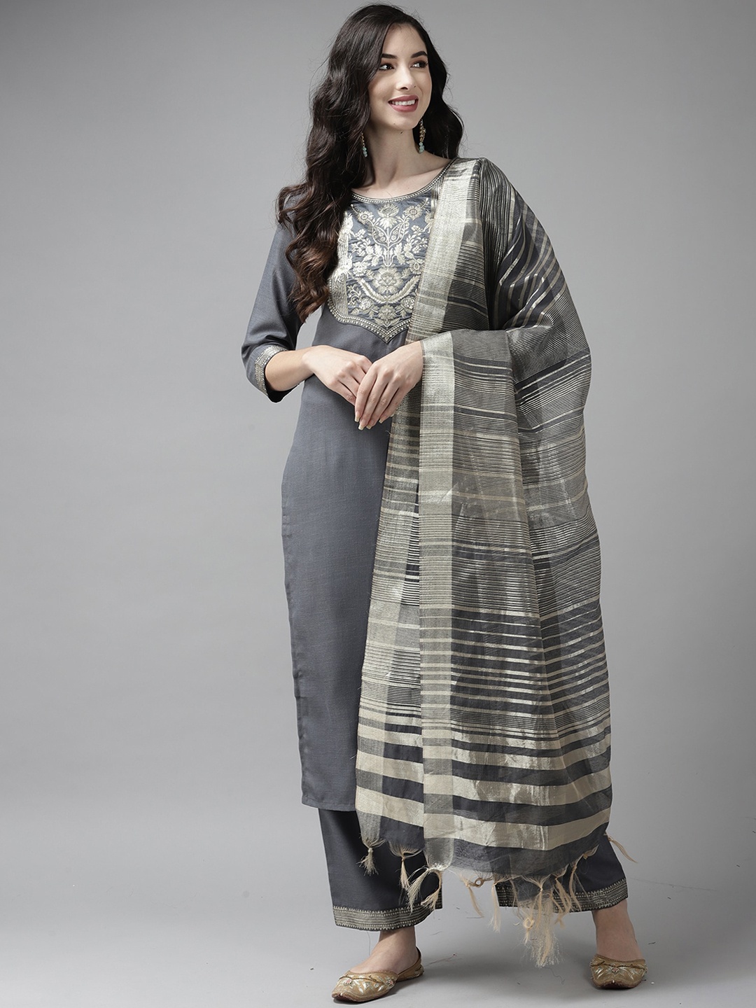 

Indo Era Women Grey Floral Printed Kurta With Palazzo & With Dupatta