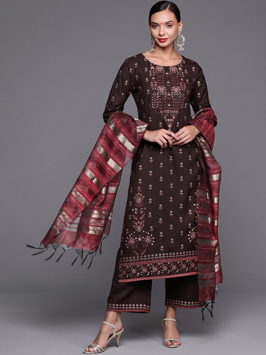 

Indo Era Women Coffee Brown & Maroon Printed Straight Kurta with Palazzos & With Dupatta