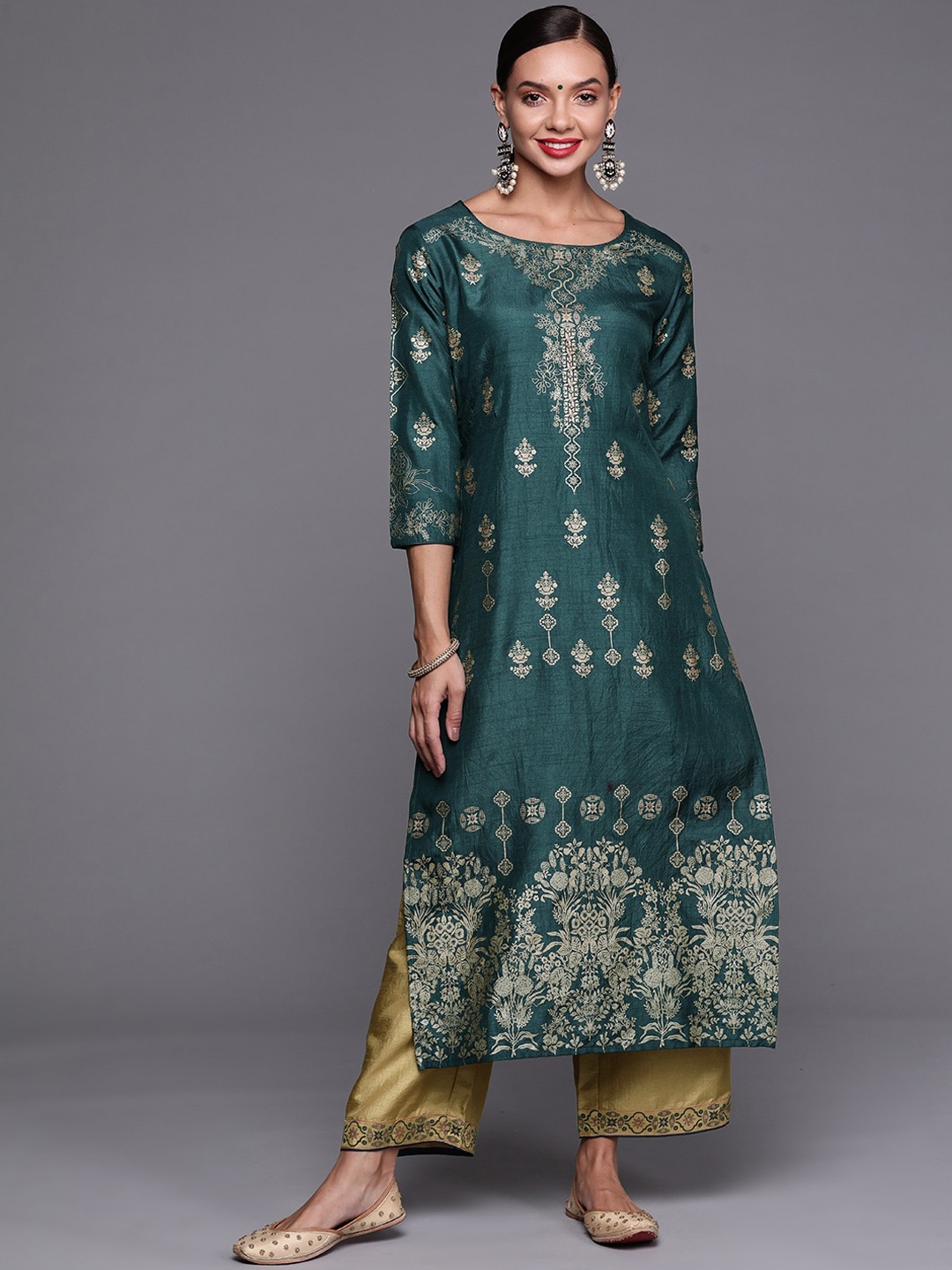

Indo Era Women Teal Ethnic Motifs Printed Empire Kurta with Trousers