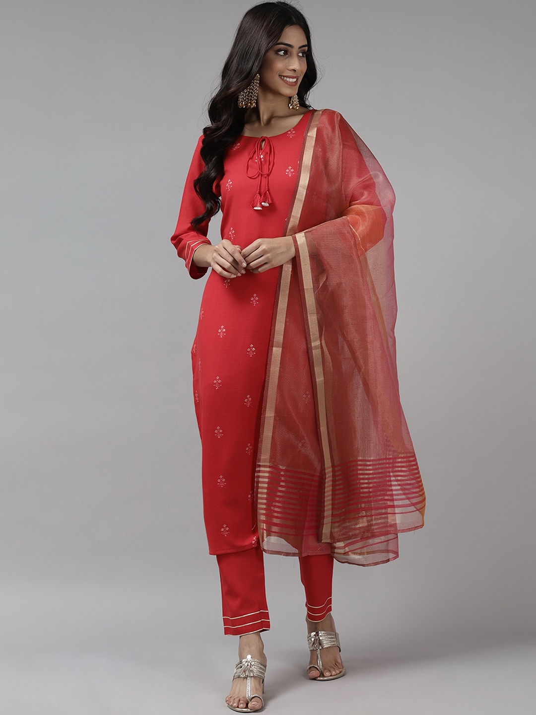 

Indo Era Women Red Ethnic Motifs Embroidered Sequinned Kurta with Trousers & With Dupatta