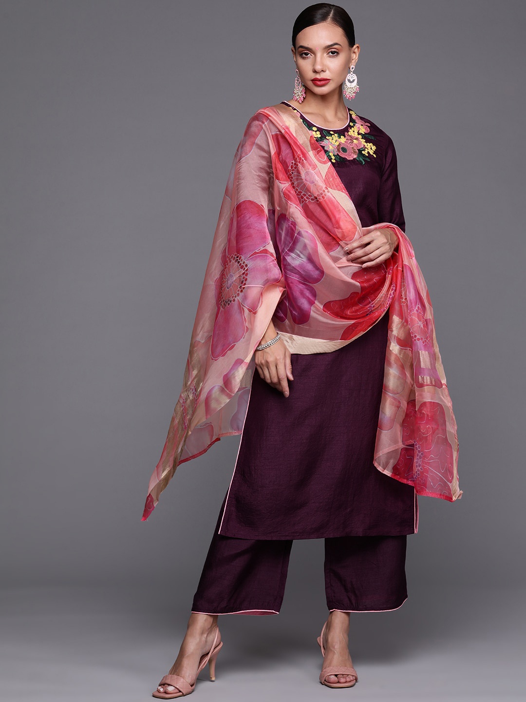 

Indo Era Women Purple Embroidered Kurta with Palazzos & With Dupatta