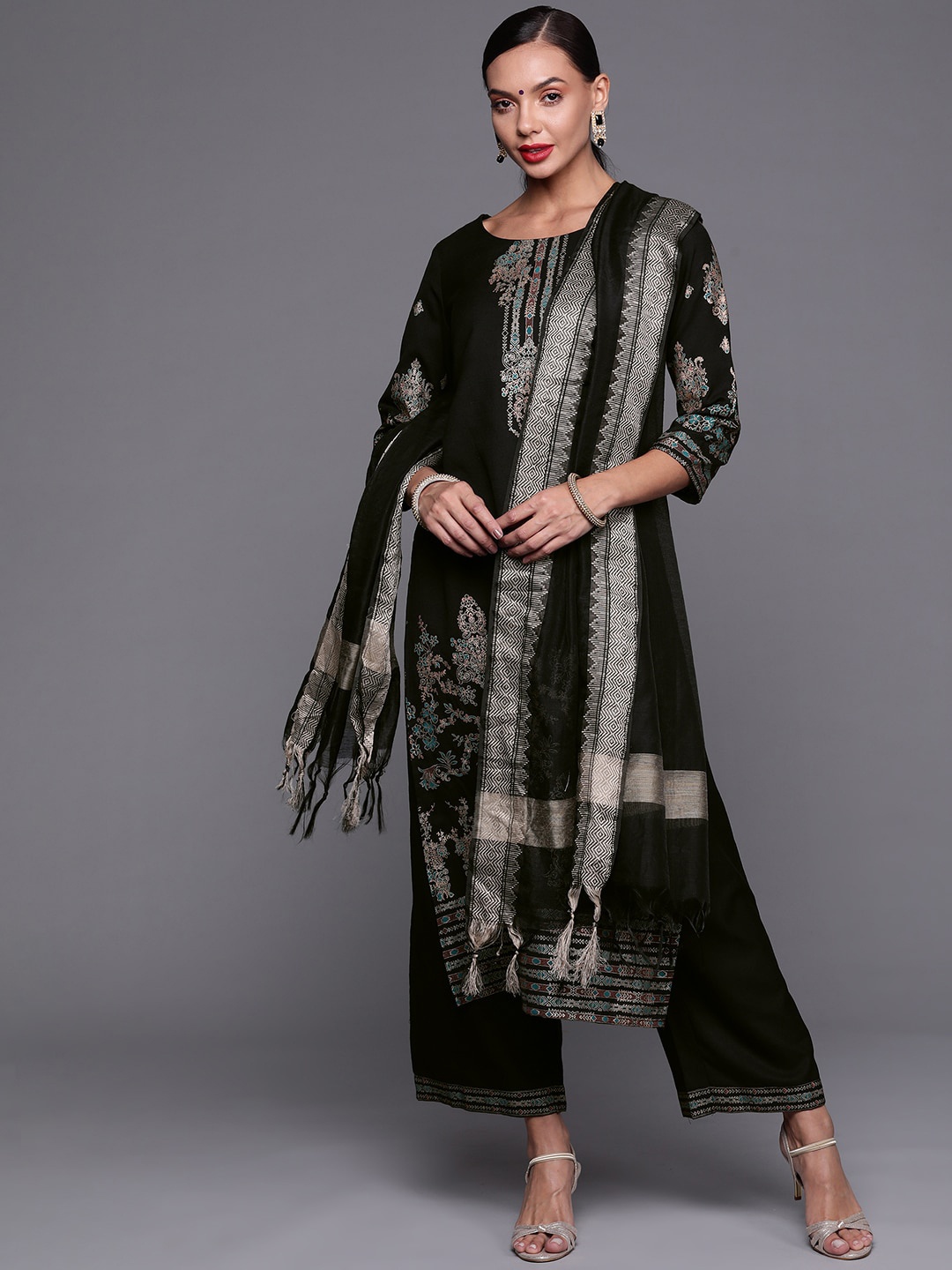 

Indo Era Women Black Ethnic Motifs Printed Kurta with Palazzos & With Dupatta