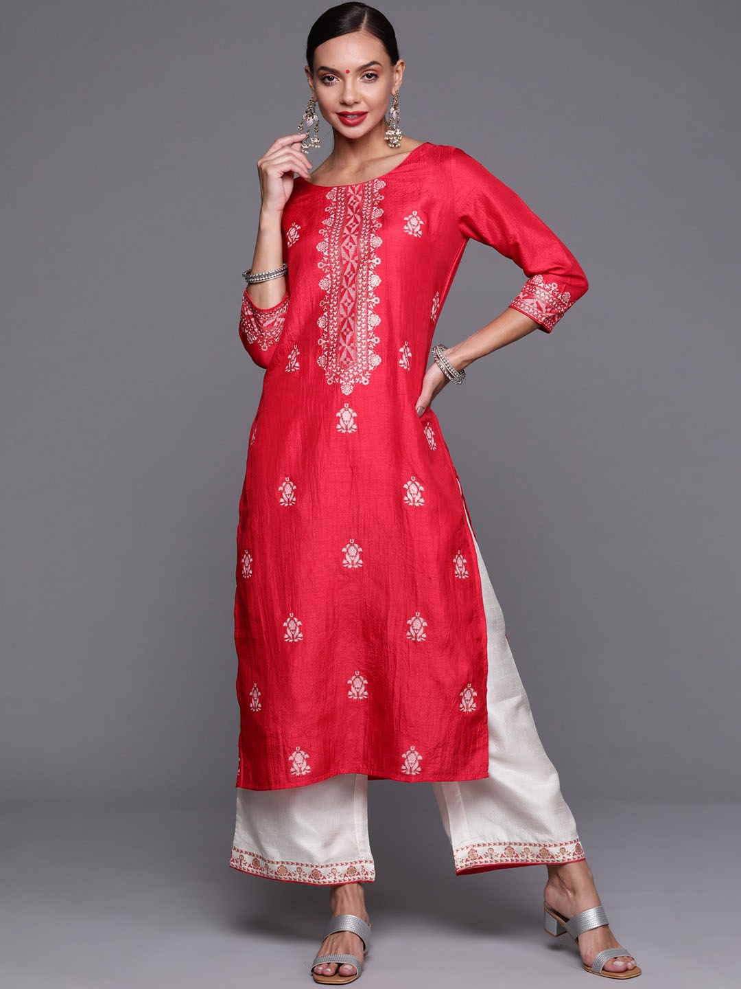 

Indo Era Women Pink Ethnic Motifs Foil Printed Kurta with Palazzos