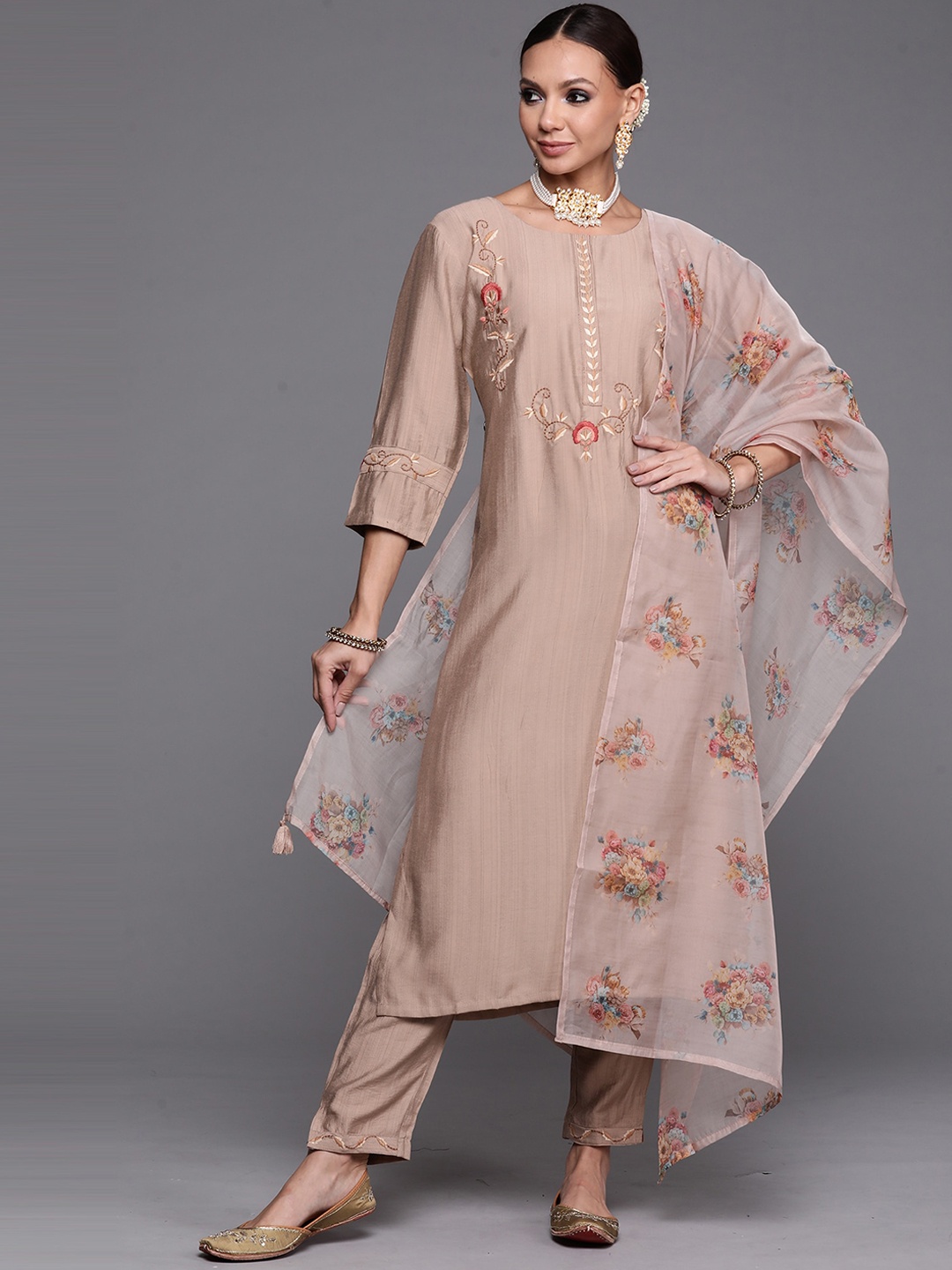 

Indo Era Women Brown Floral Embroidered Kurta with Trousers & With Dupatta