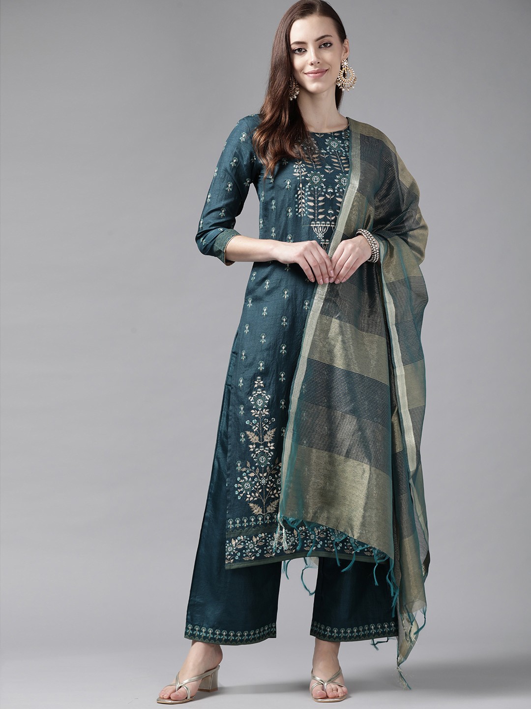 

Indo Era Women Teal Ethnic Motifs Embroidered Panelled Kurti with Palazzos & With Dupatta