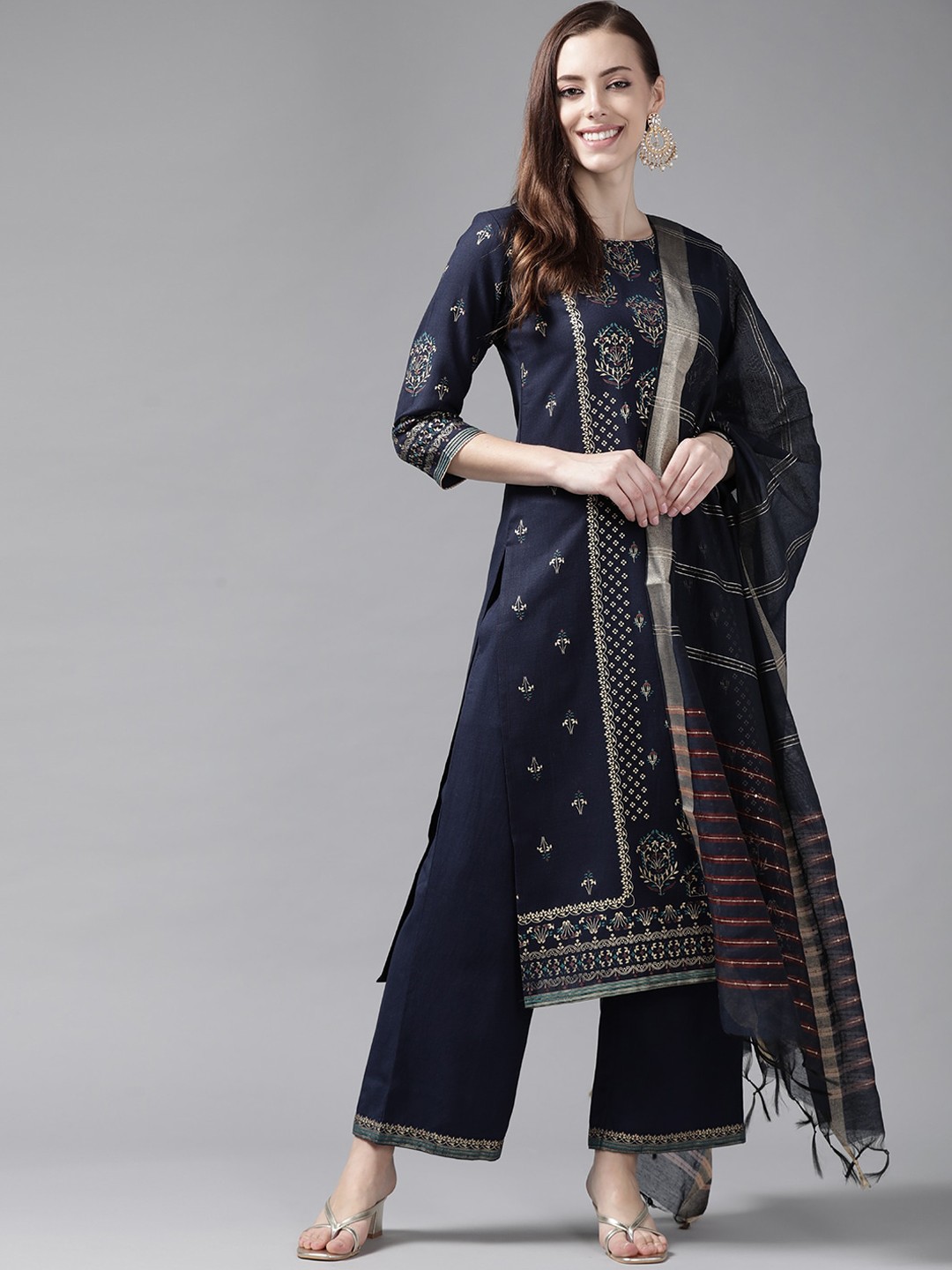 

Indo Era Women Navy Blue Floral Printed Kurta with Palazzos & Dupatta