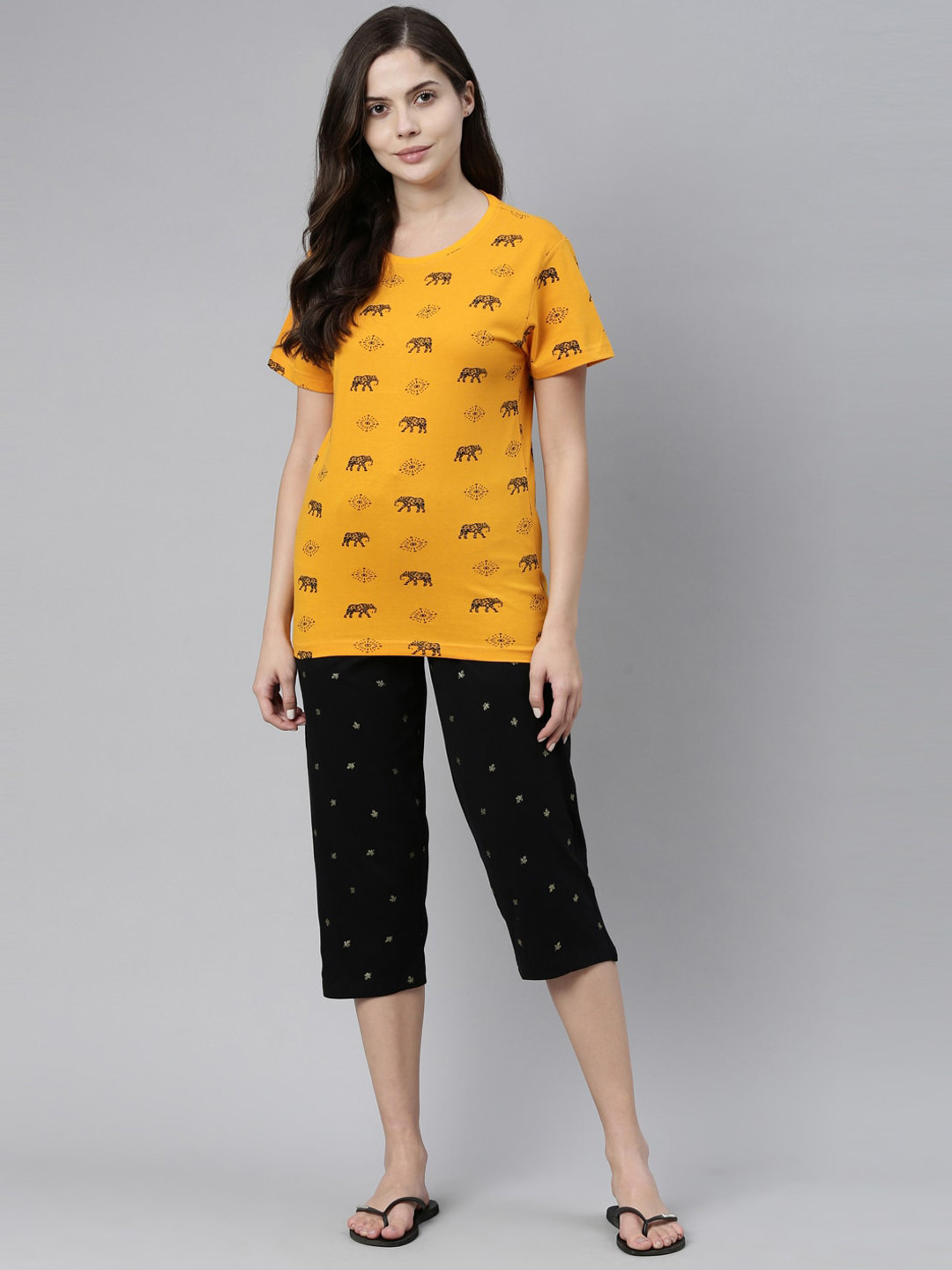 

Kryptic Women Mustard Black Printed Pure Cotton Night suit