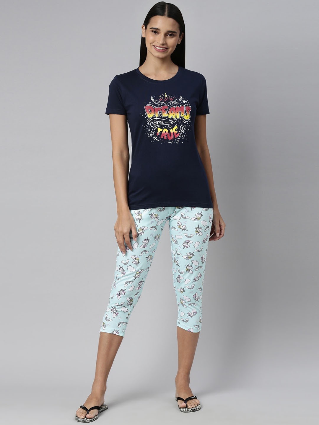 

Kryptic Women Navy Blue & Red Printed Night suit