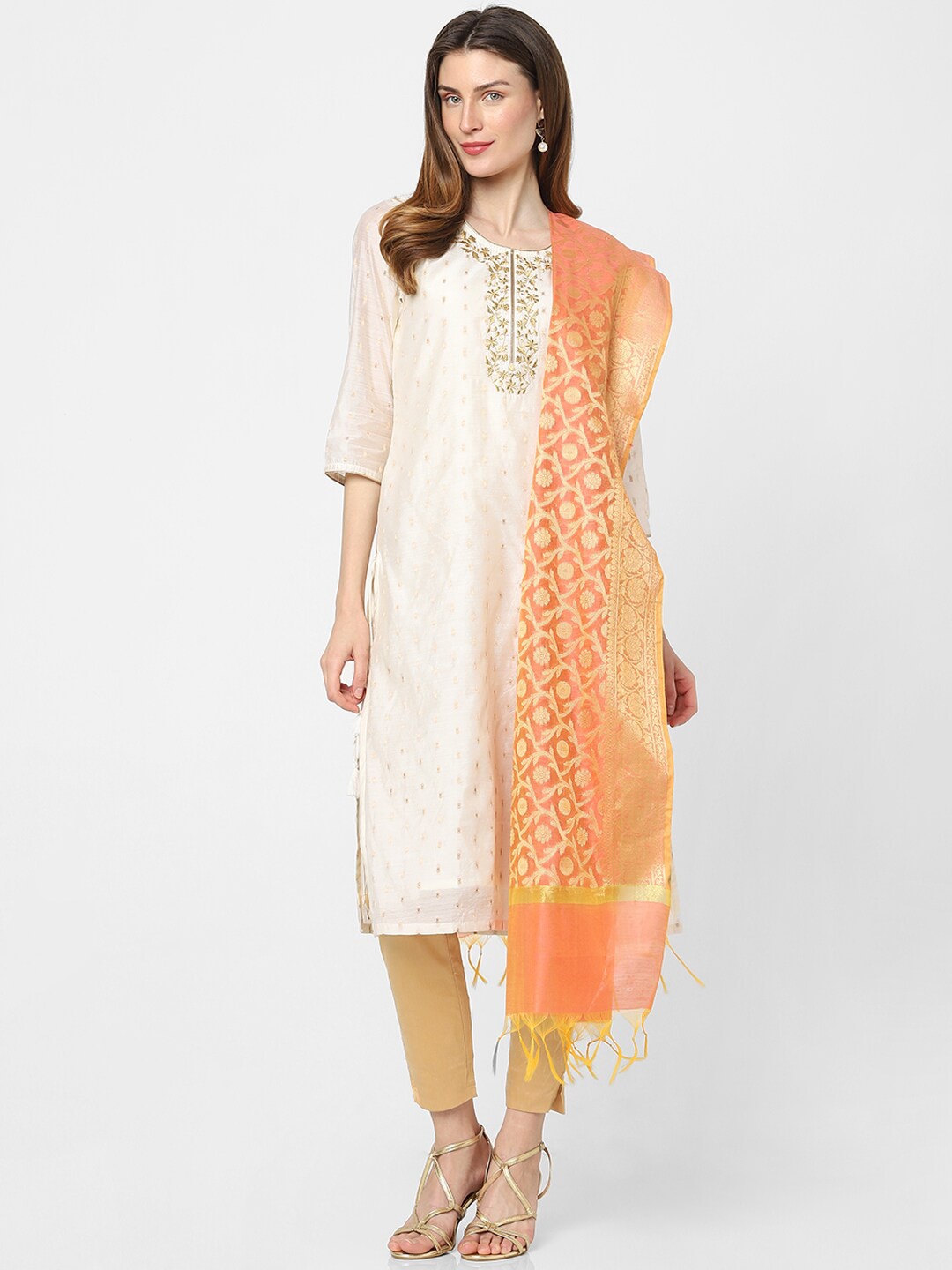 

Indifusion Ethnic Motifs Woven Design Tasselled Dupatta, Orange