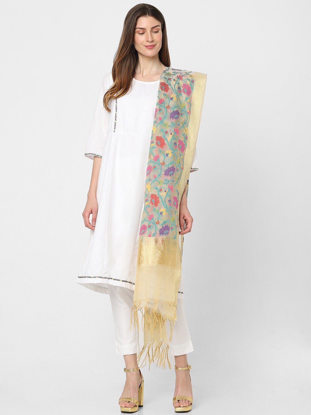 

Indifusion Floral Woven Design Tasselled Dupatta, Gold