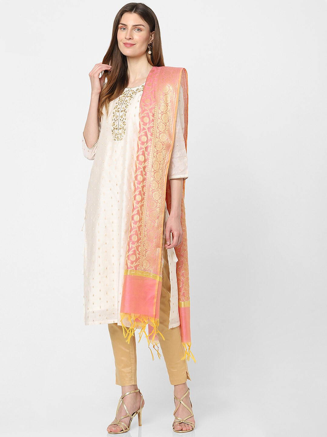 

Indifusion Ethnic Motifs Woven Design Tasselled Dupatta, Coral