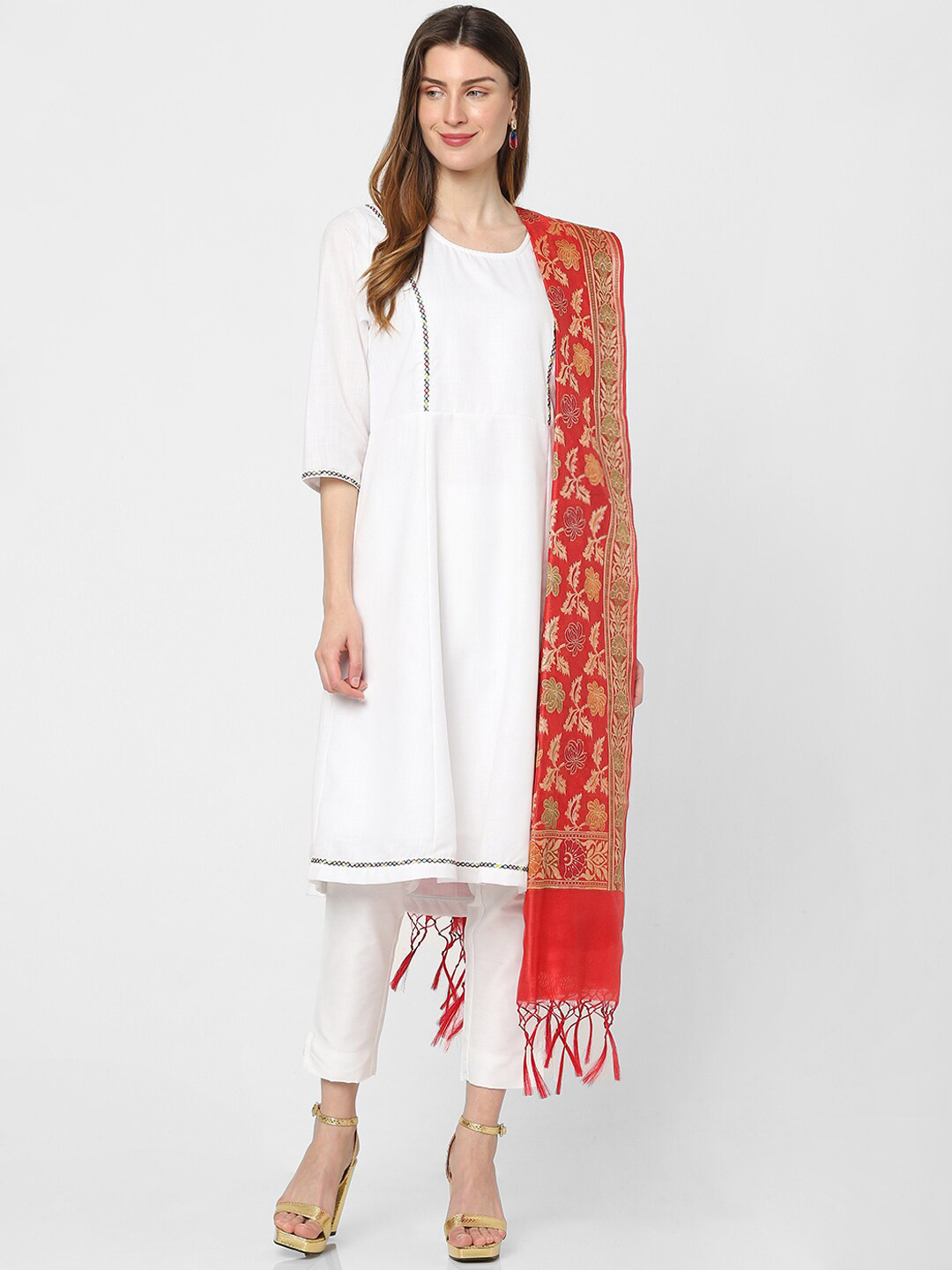 

Indifusion Floral Woven Design Tasselled Dupatta, Red