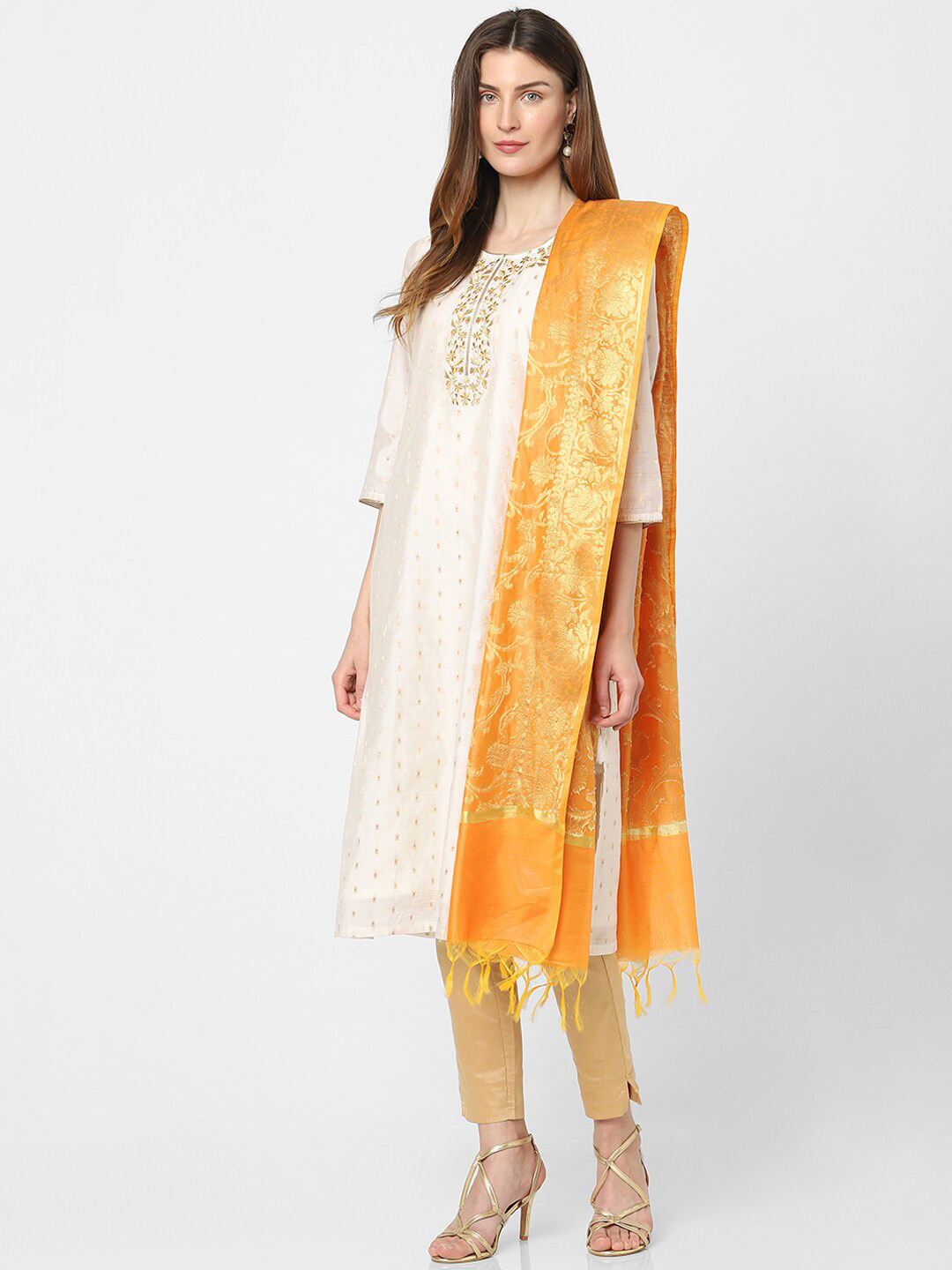 

Indifusion Ethnic Motifs Woven Design Tasselled Dupatta, Yellow