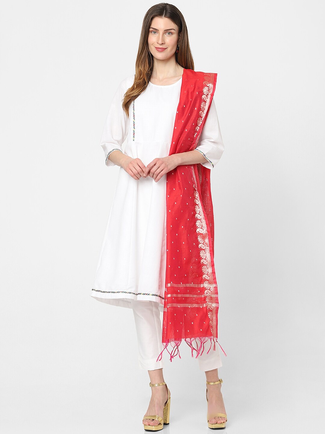 

Indifusion Ethnic Motifs Woven Design Tasselled Dupatta, Red