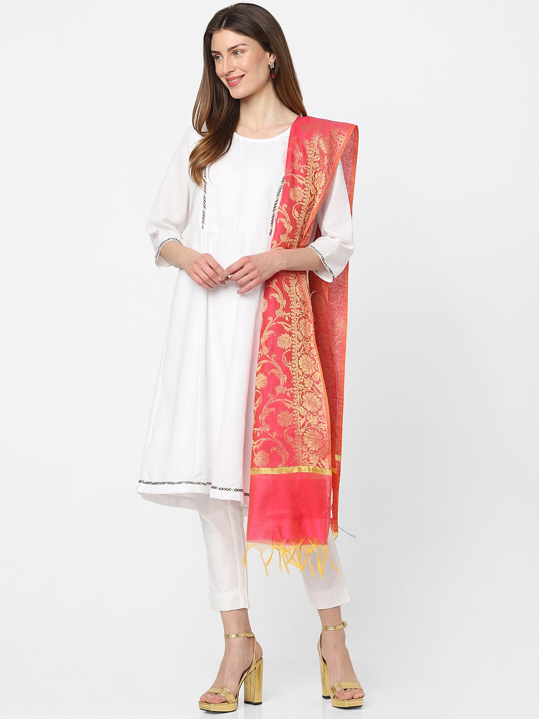 

Indifusion Ethnic Motifs Woven Design Tasselled Dupatta, Pink