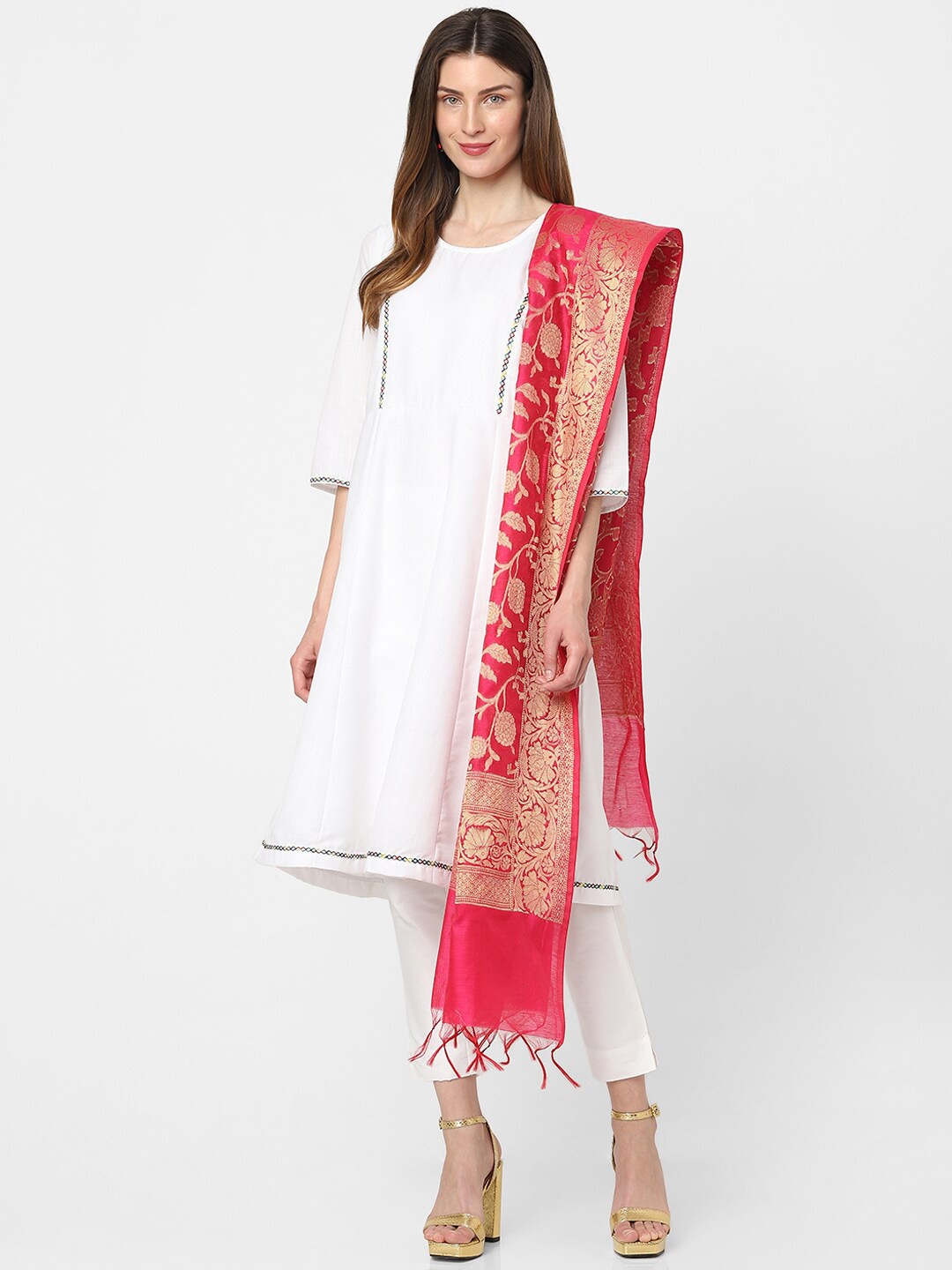 

Indifusion Ethnic Motifs Woven Design Tasselled Dupatta, Pink